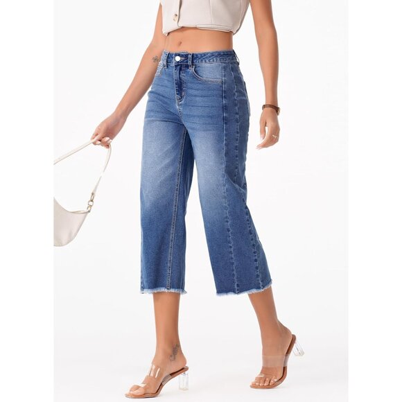 Women's High Waisted Wide Leg Capri Jeans Denim Raw Hem Side Seam Pants - Picture 3 of 9